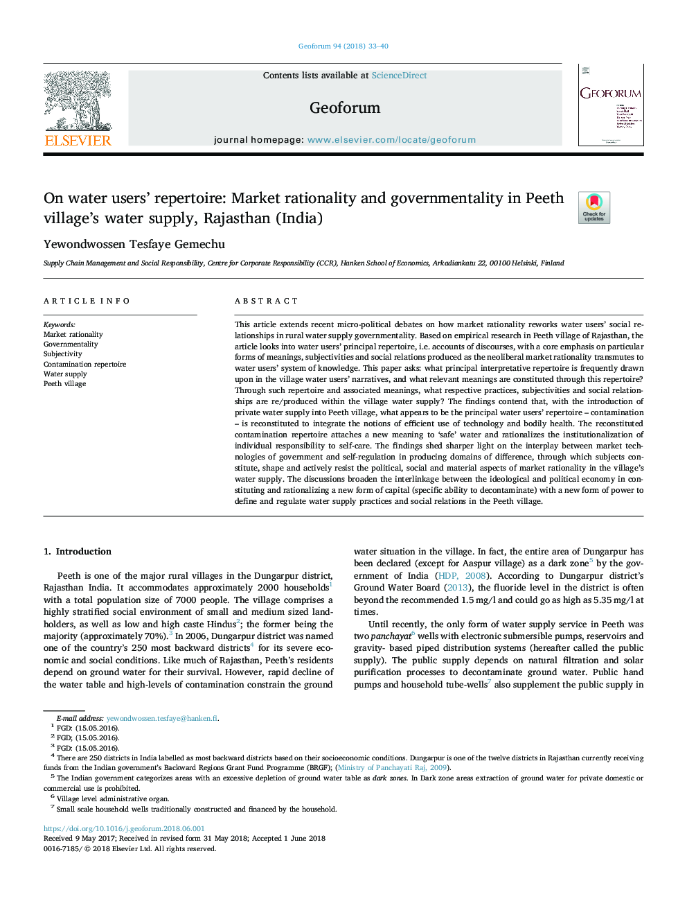 On water users' repertoire: Market rationality and governmentality in Peeth village's water supply, Rajasthan (India)