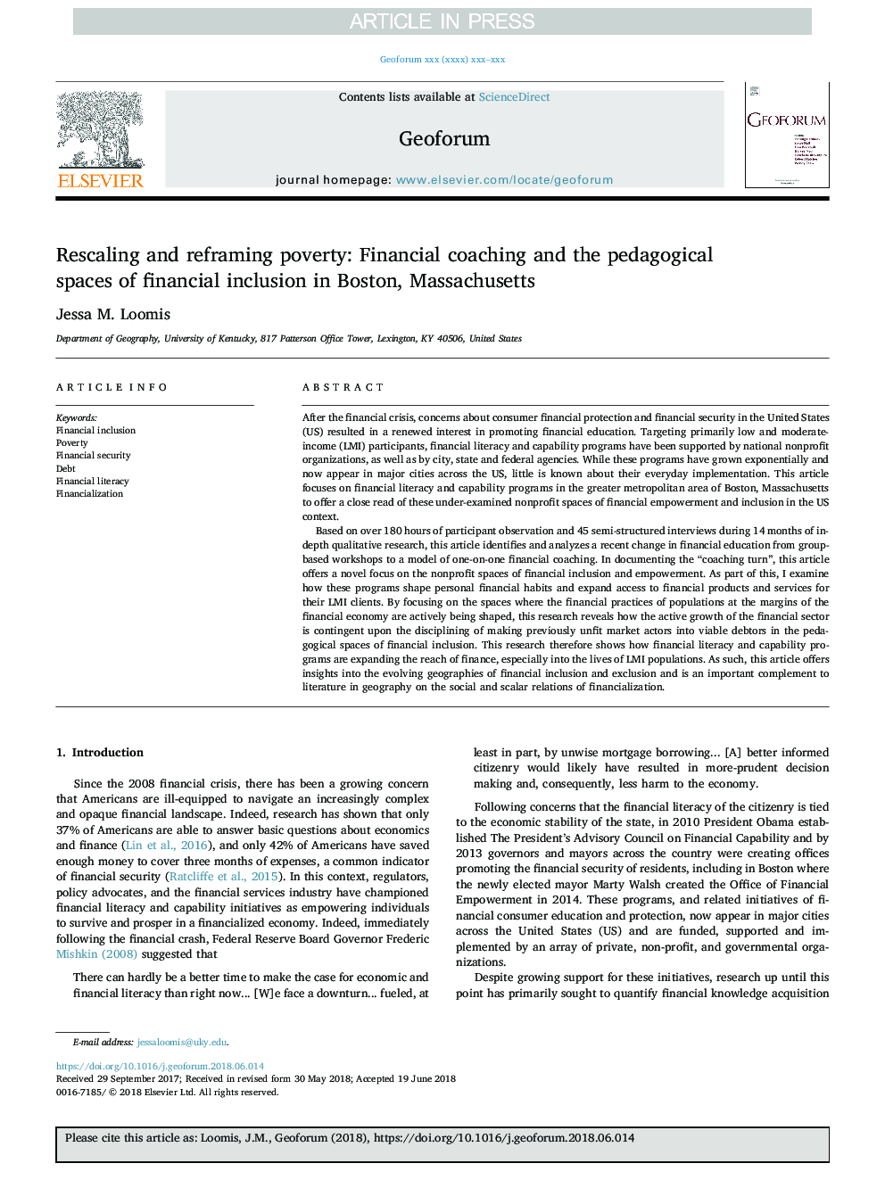 Rescaling and reframing poverty: Financial coaching and the pedagogical spaces of financial inclusion in Boston, Massachusetts