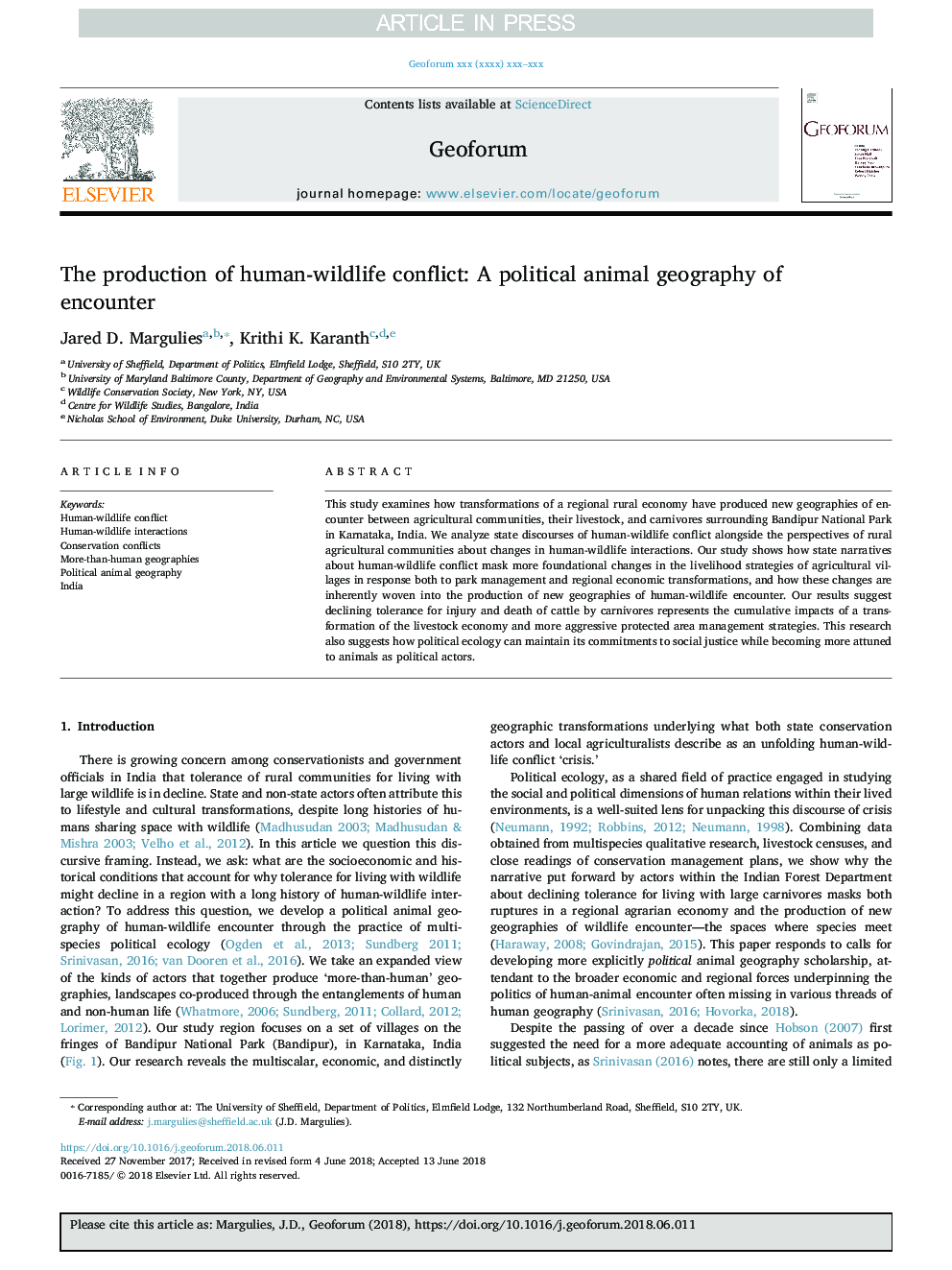 The production of human-wildlife conflict: A political animal geography of encounter