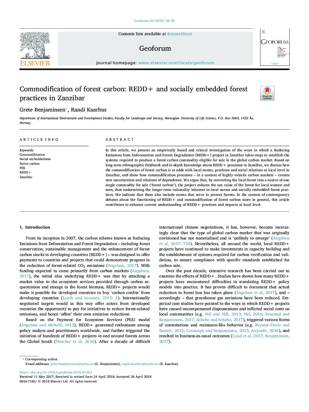 Commodification of forest carbon: REDD+ and socially embedded forest practices in Zanzibar