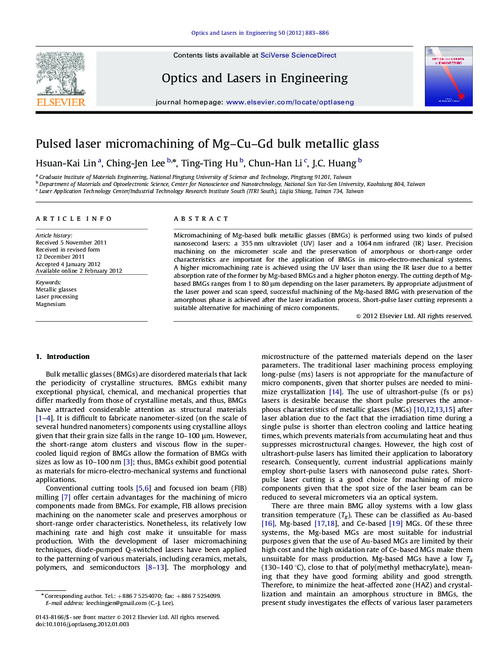 Pulsed laser micromachining of Mg–Cu–Gd bulk metallic glass