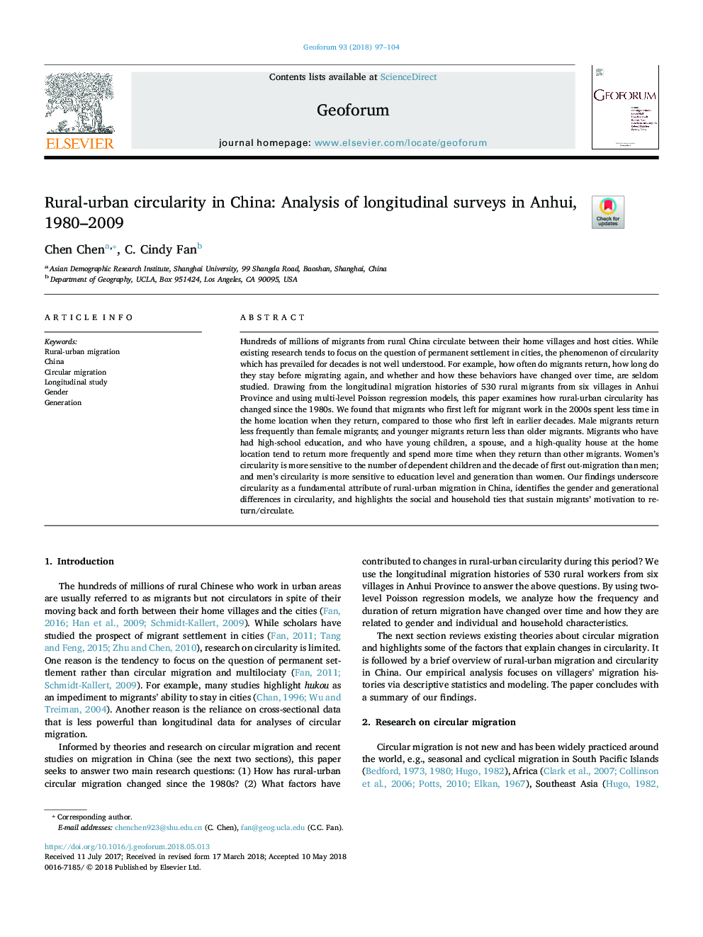 Rural-urban circularity in China: Analysis of longitudinal surveys in Anhui, 1980-2009