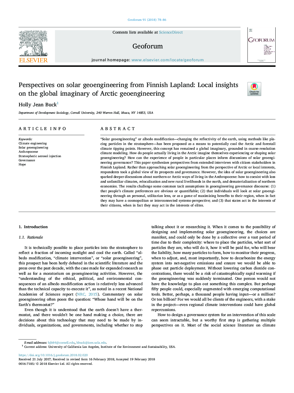 Perspectives on solar geoengineering from Finnish Lapland: Local insights on the global imaginary of Arctic geoengineering