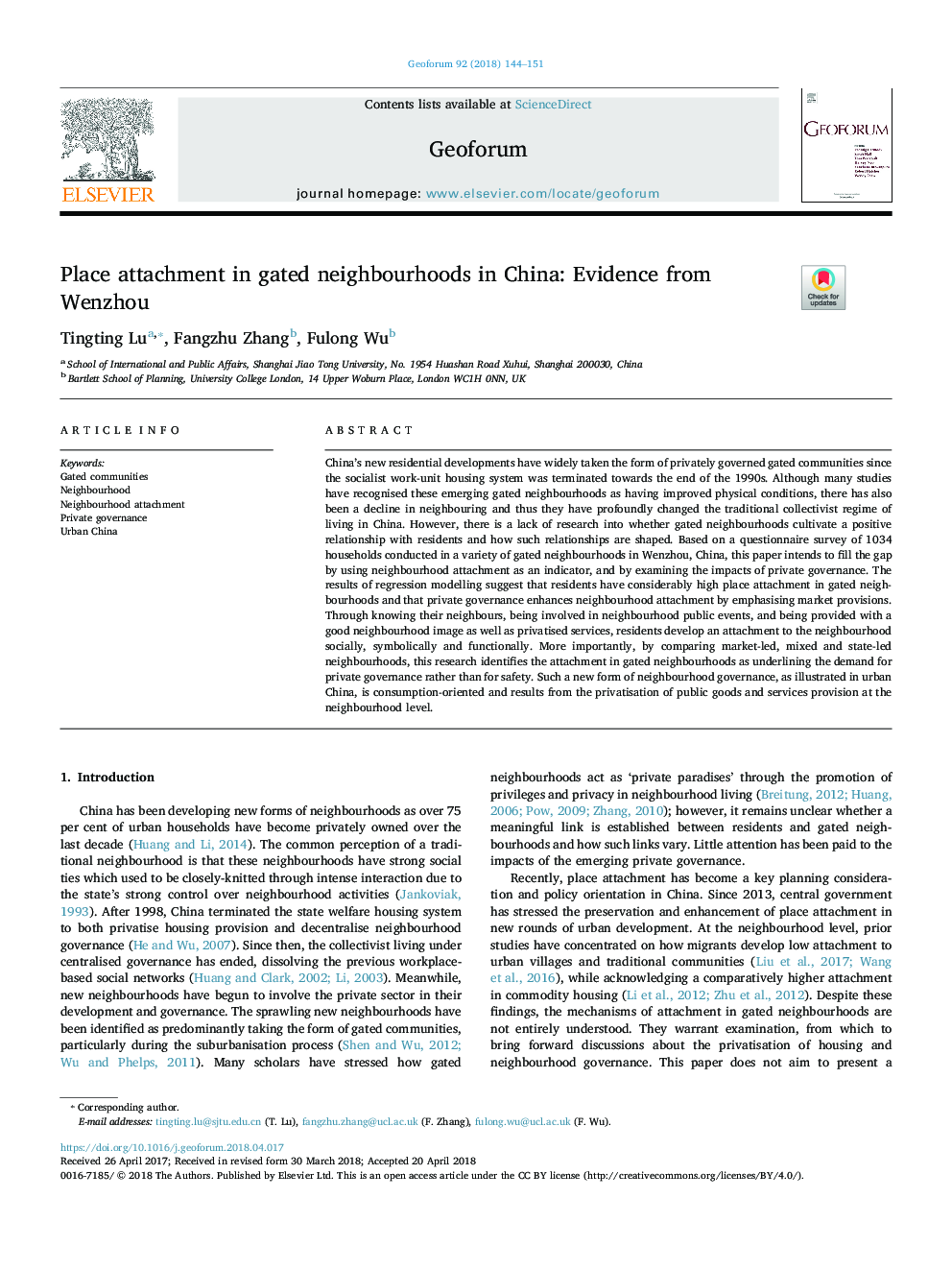 Place attachment in gated neighbourhoods in China: Evidence from Wenzhou