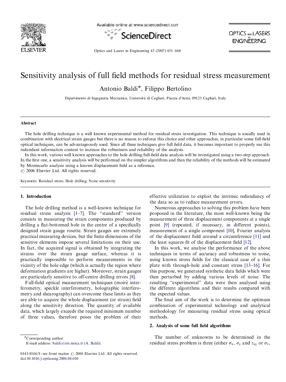 Sensitivity analysis of full field methods for residual stress measurement