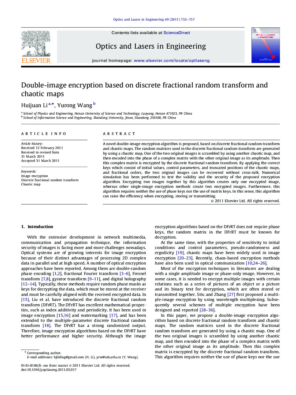 Double-image encryption based on discrete fractional random transform and chaotic maps