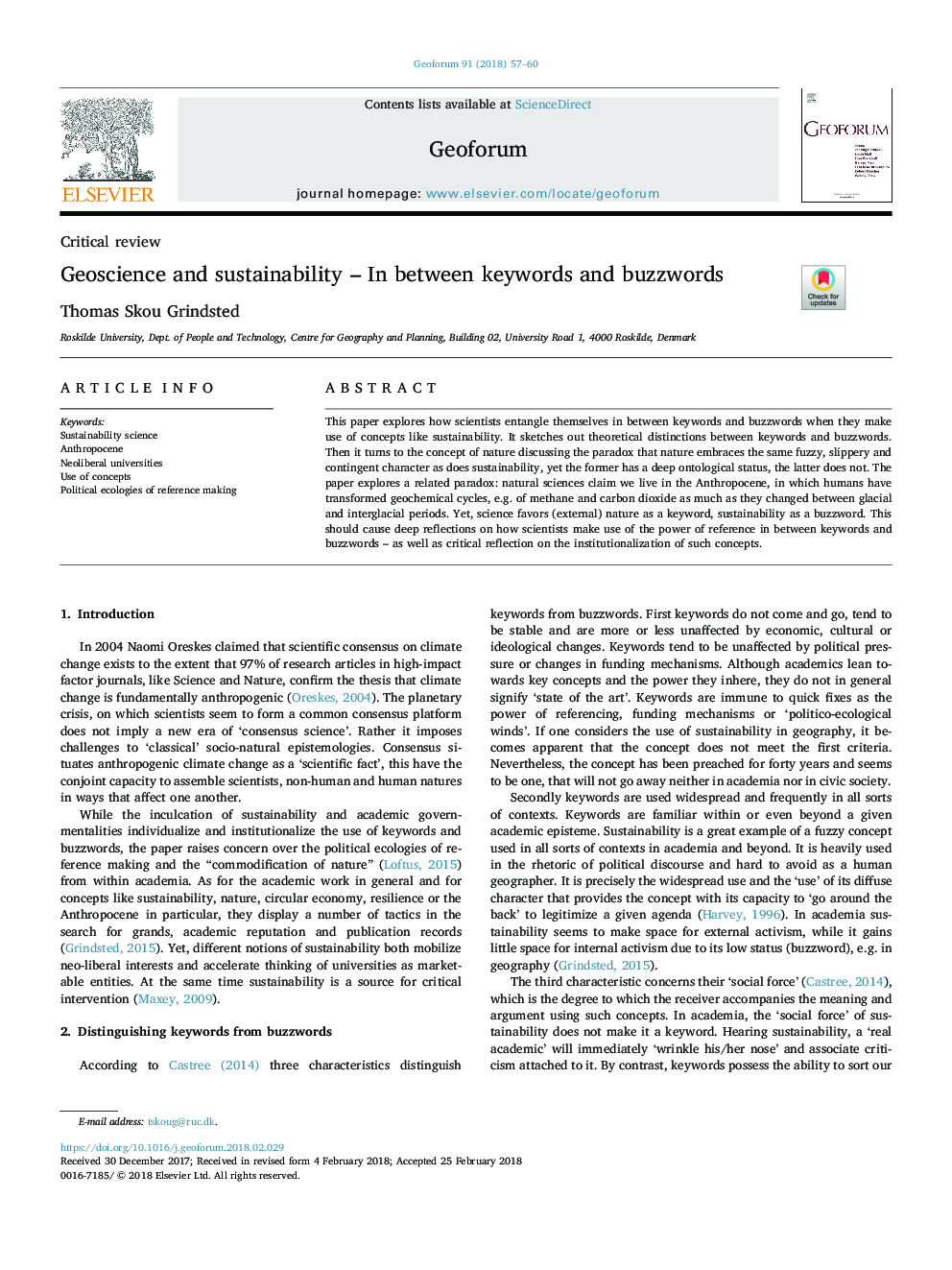 Geoscience and sustainability - In between keywords and buzzwords