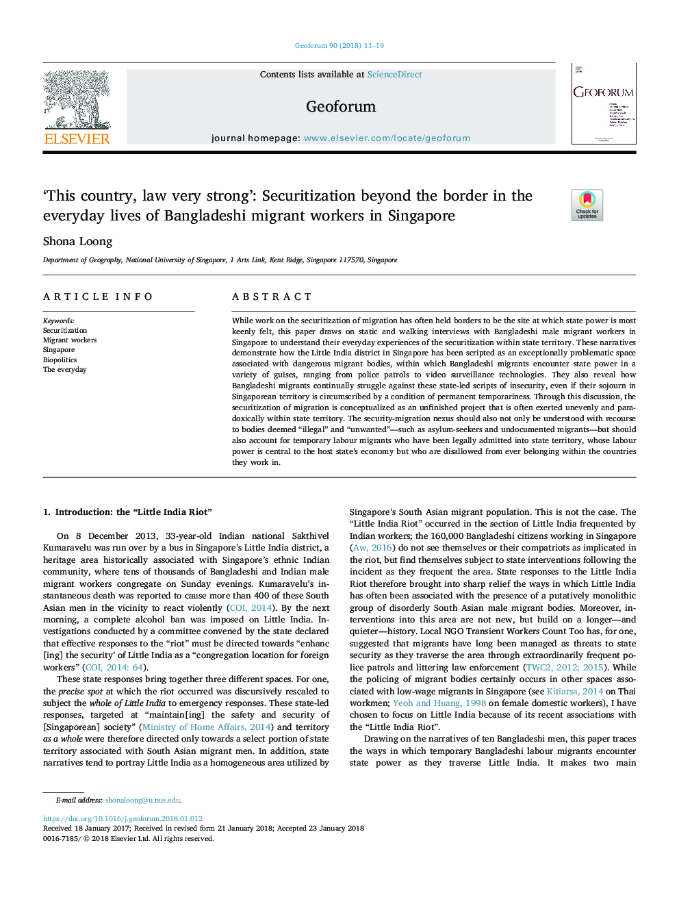 'This country, law very strong': Securitization beyond the border in the everyday lives of Bangladeshi migrant workers in Singapore
