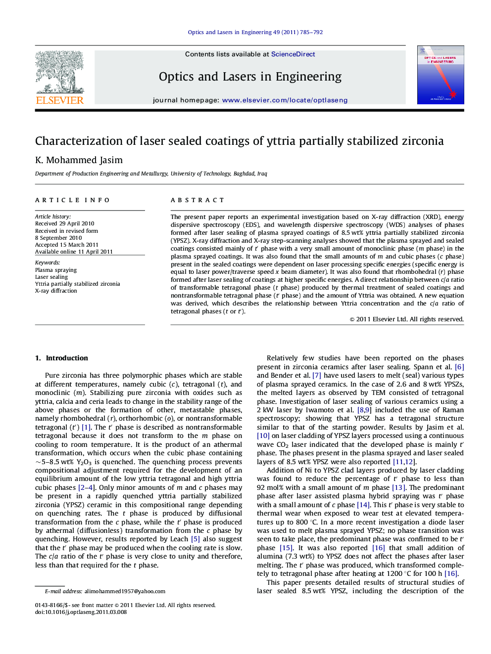 Characterization of laser sealed coatings of yttria partially stabilized zirconia