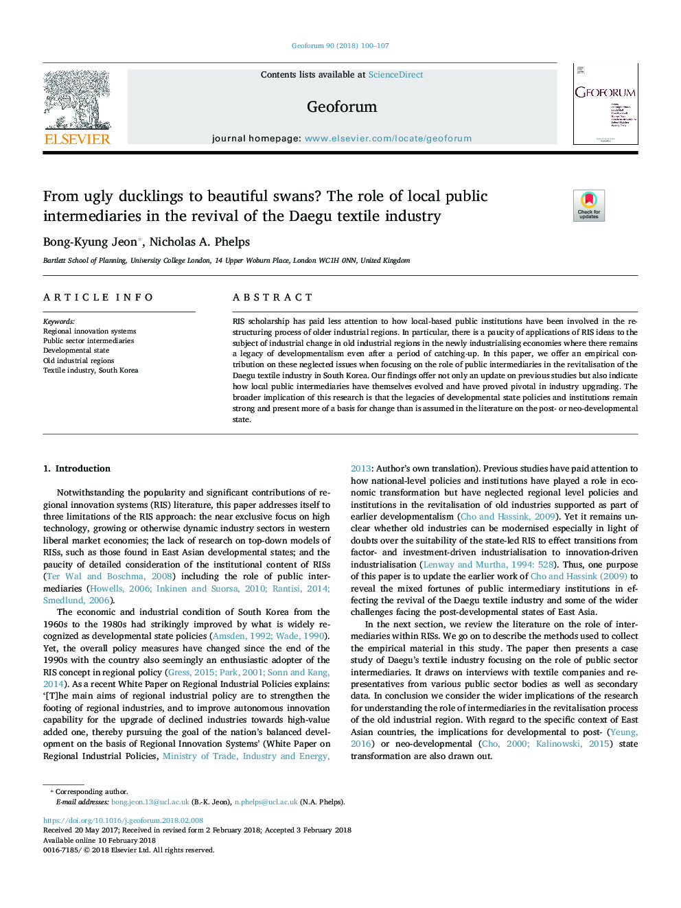 From ugly ducklings to beautiful swans? The role of local public intermediaries in the revival of the Daegu textile industry
