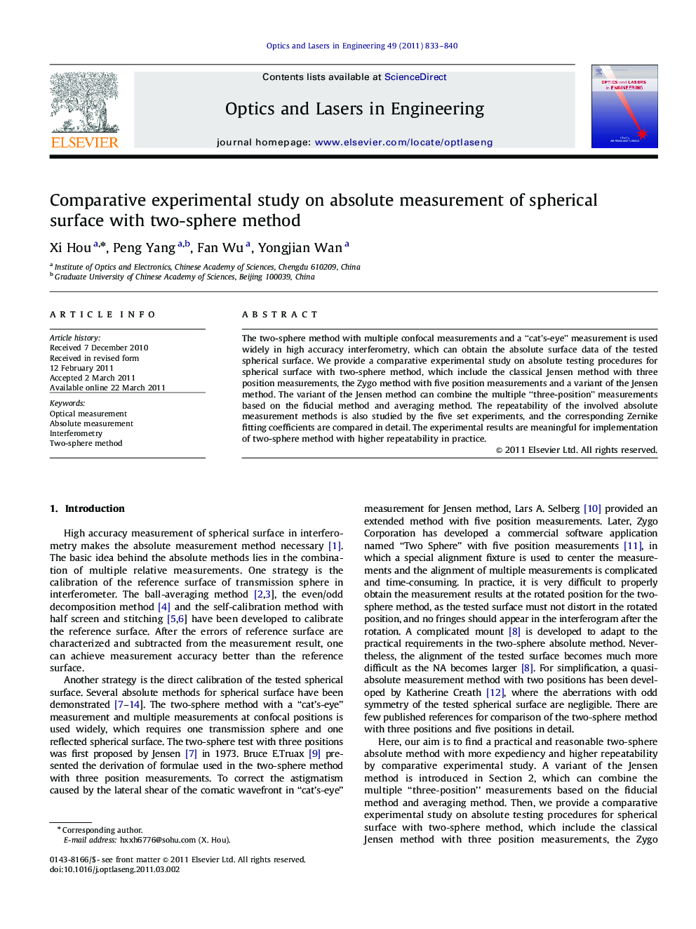 Comparative experimental study on absolute measurement of spherical surface with two-sphere method