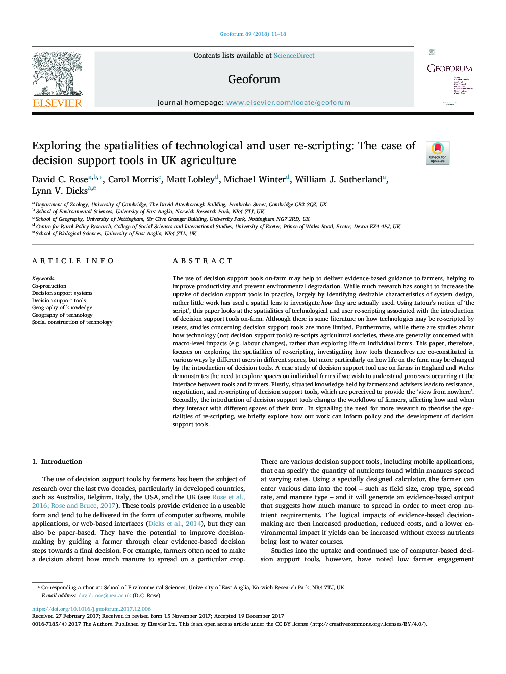 Exploring the spatialities of technological and user re-scripting: The case of decision support tools in UK agriculture