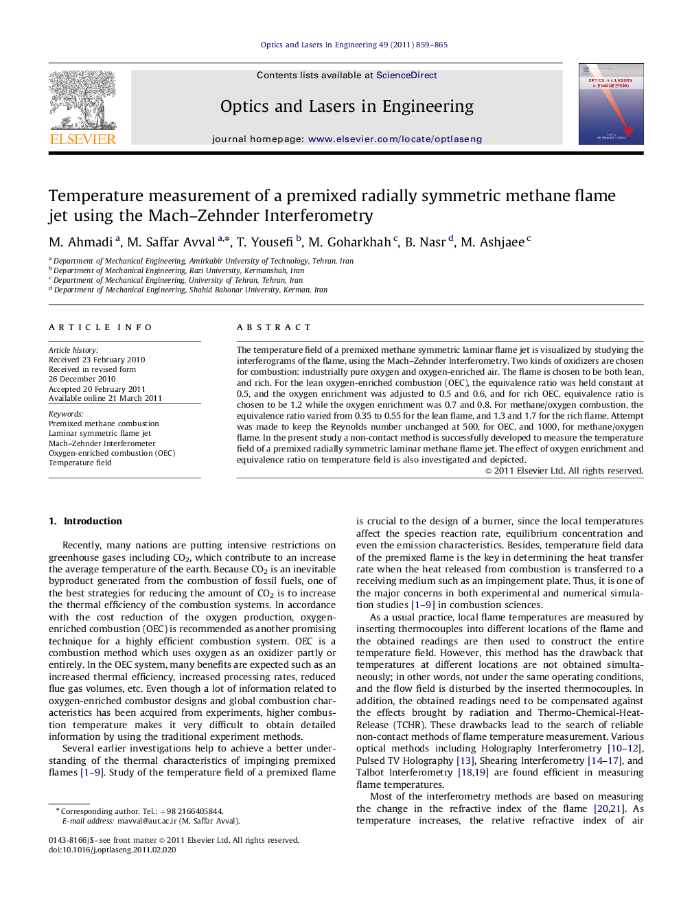 Temperature measurement of a premixed radially symmetric methane flame jet using the Mach–Zehnder Interferometry