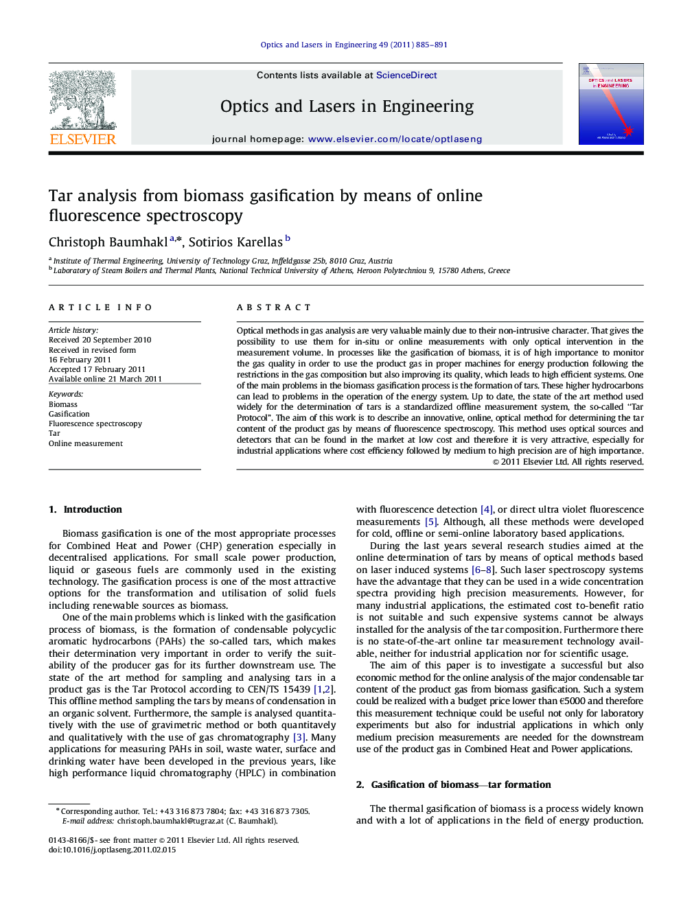 Tar analysis from biomass gasification by means of online fluorescence spectroscopy