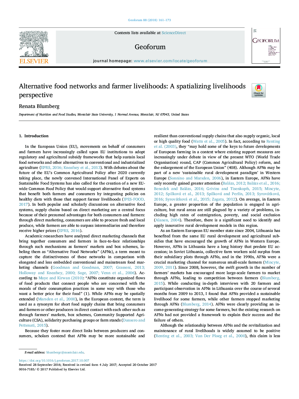 Alternative food networks and farmer livelihoods: A spatializing livelihoods perspective