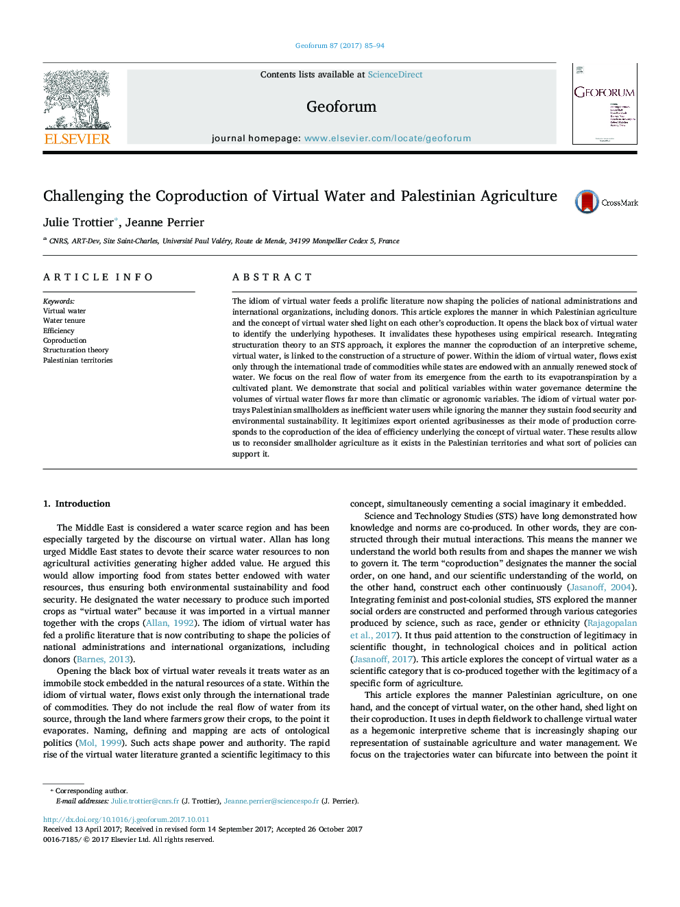 Challenging the Coproduction of Virtual Water and Palestinian Agriculture