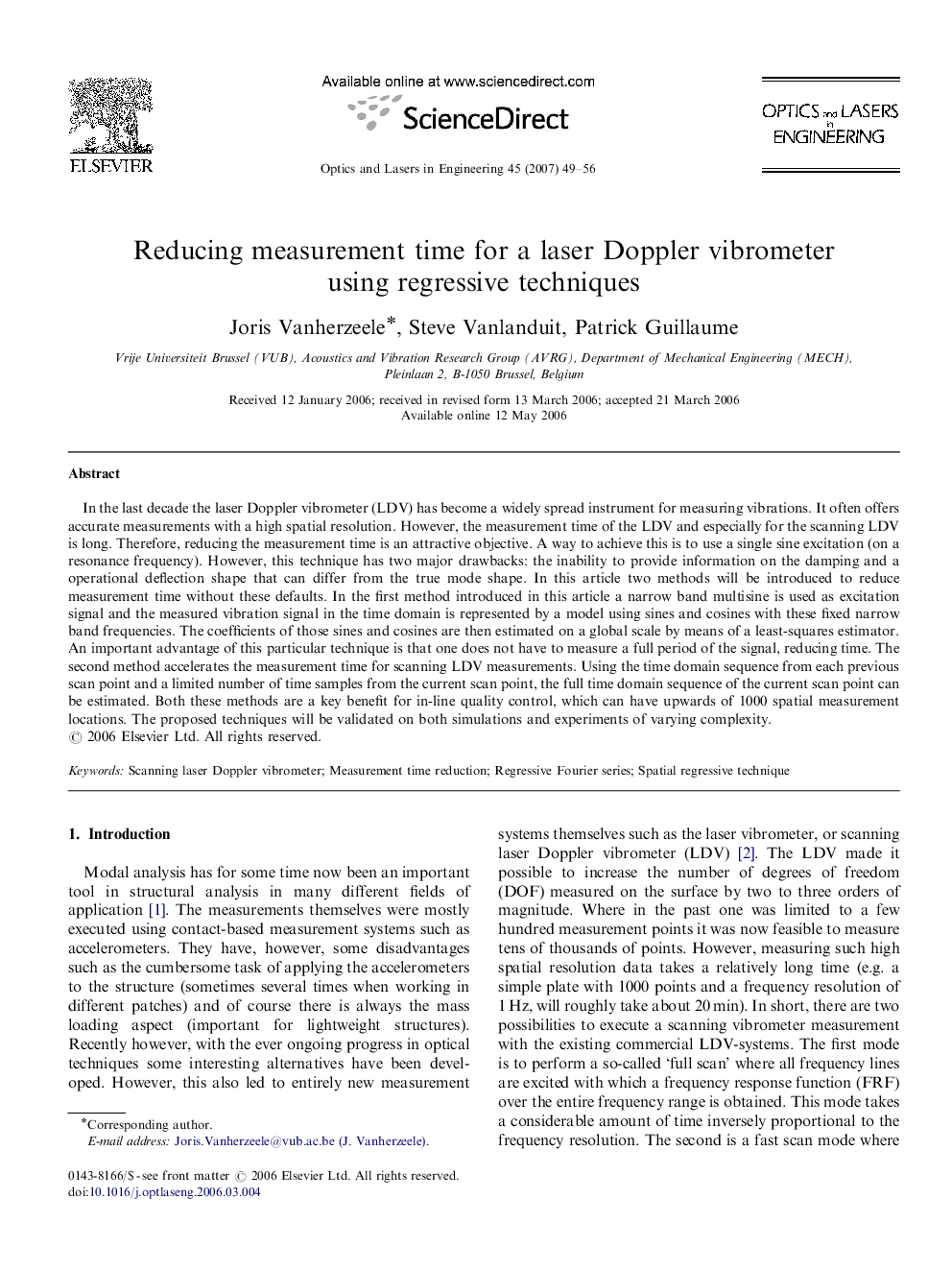 Reducing measurement time for a laser Doppler vibrometer using regressive techniques