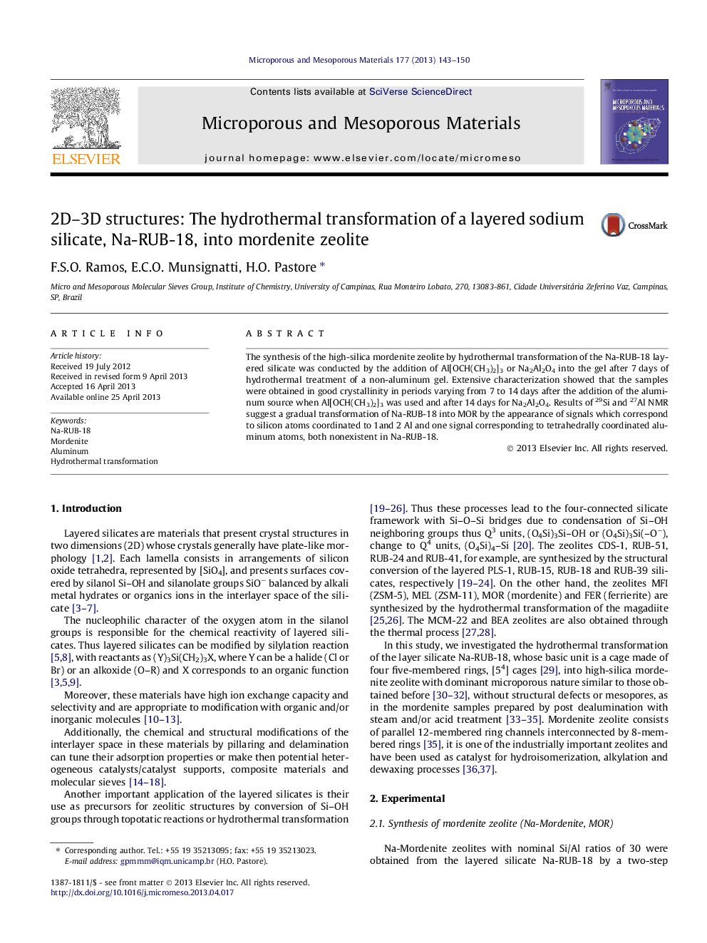 2D–3D structures: The hydrothermal transformation of a layered sodium silicate, Na-RUB-18, into mordenite zeolite