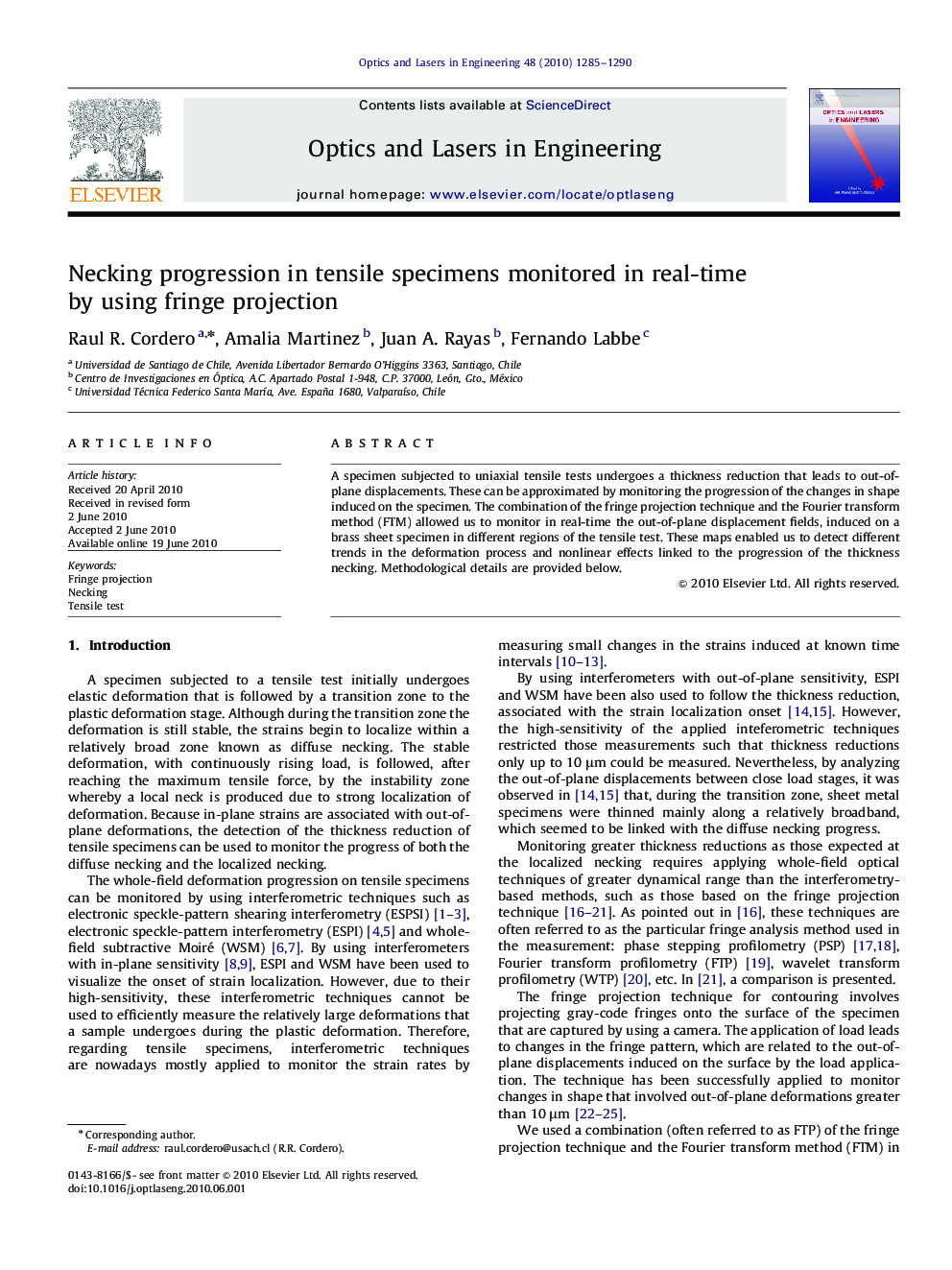 عکس صفحه اول مقاله: Necking progression in tensile specimens monitored in real-time by using fringe projection Necking progression in tensile specimens monitored in real-time by using fringe projection