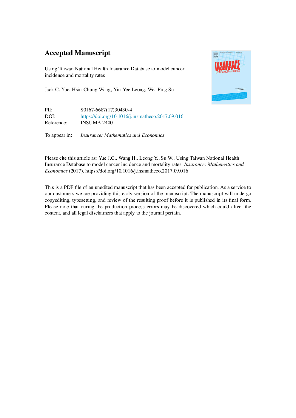 Using Taiwan National Health Insurance Database to model cancer incidence and mortality rates