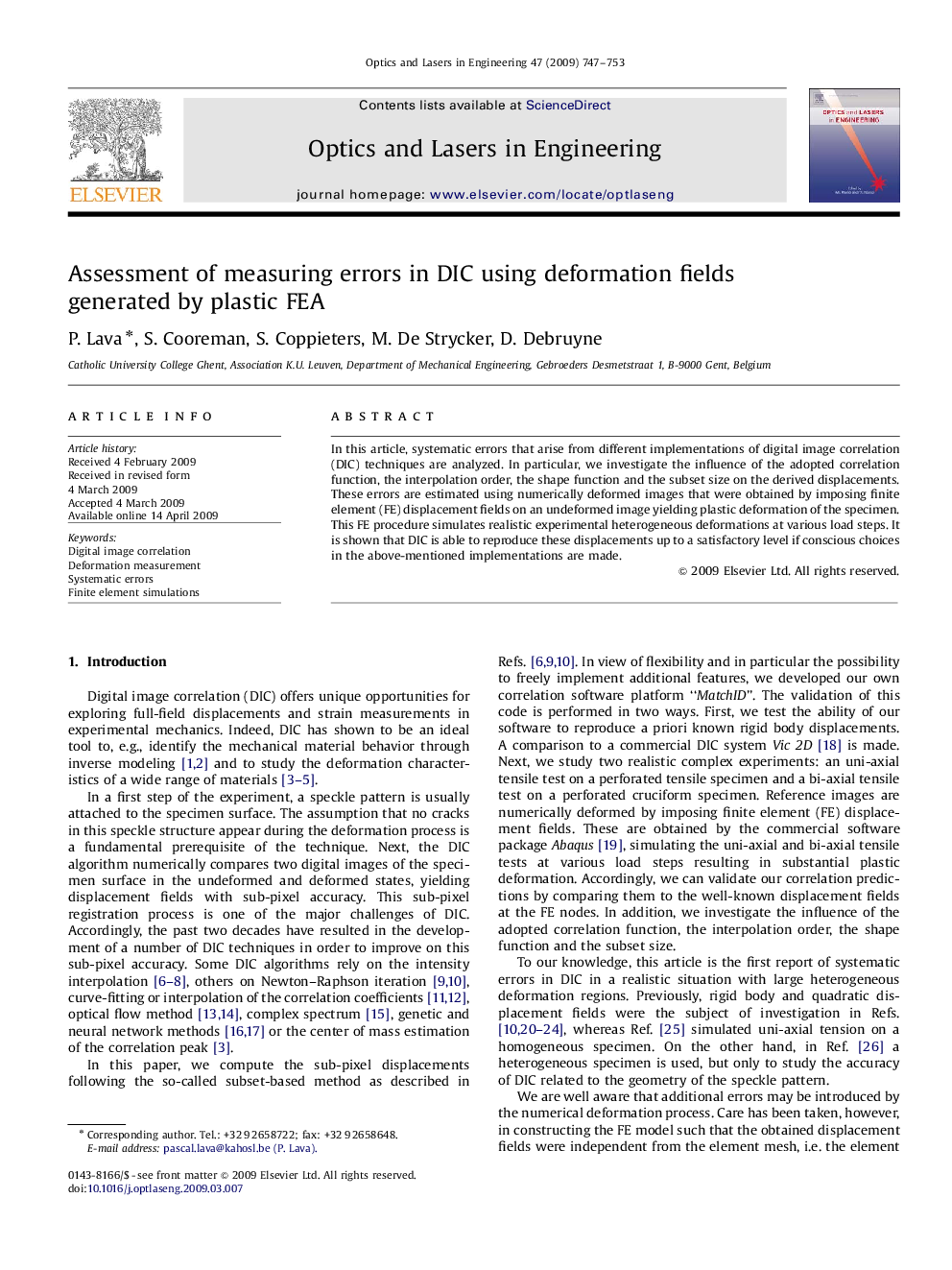 Assessment of measuring errors in DIC using deformation fields generated by plastic FEA