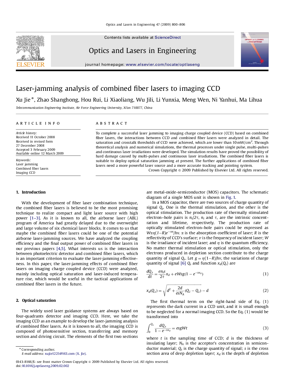 Laser-jamming analysis of combined fiber lasers to imaging CCD