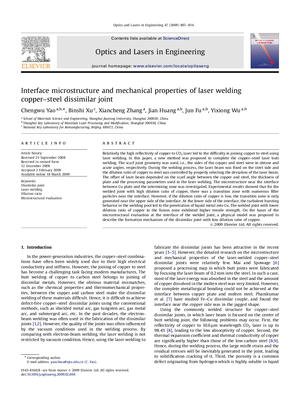 Interface microstructure and mechanical properties of laser welding copper–steel dissimilar joint