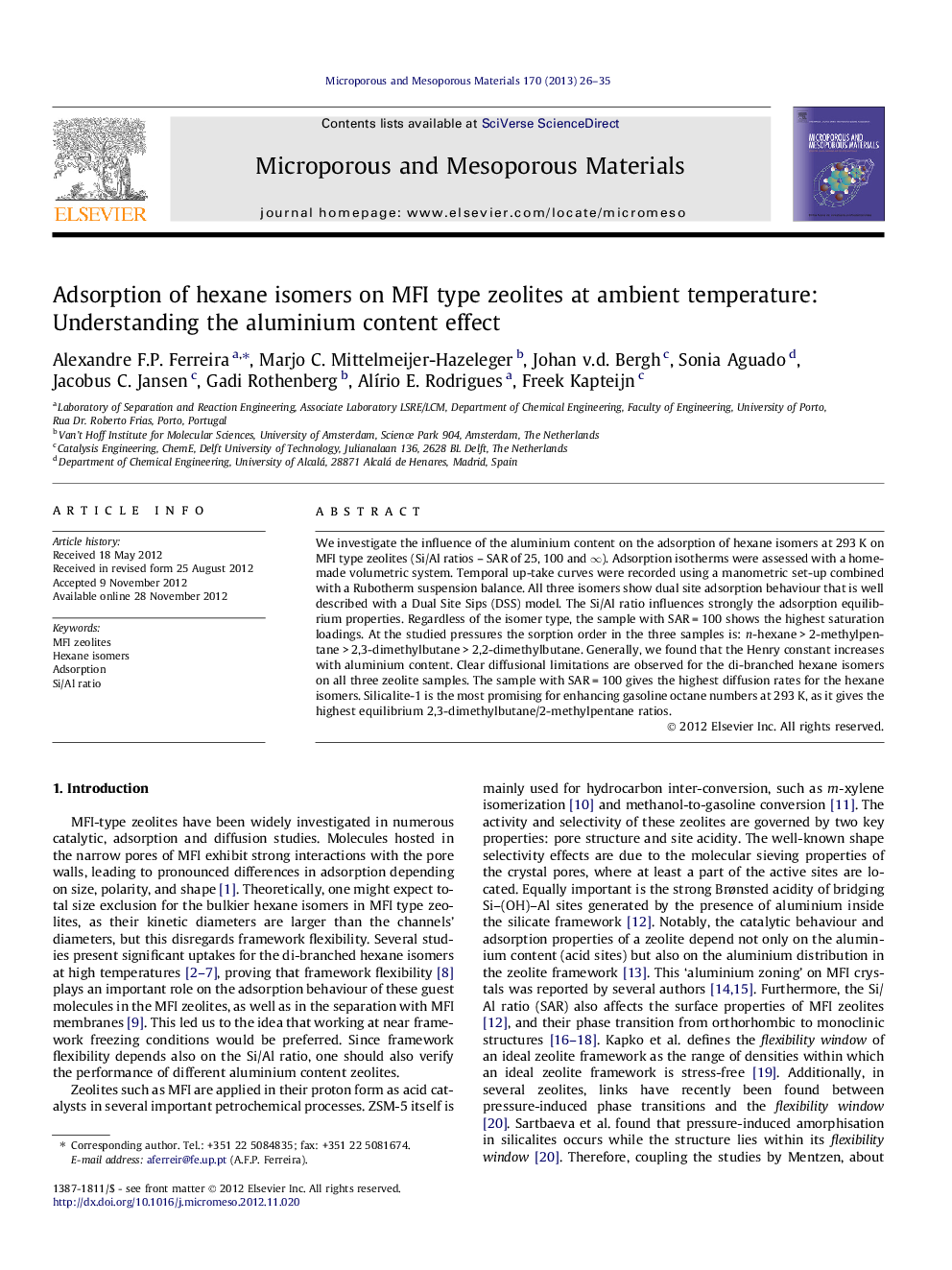 Adsorption of hexane isomers on MFI type zeolites at ambient temperature: Understanding the aluminium content effect