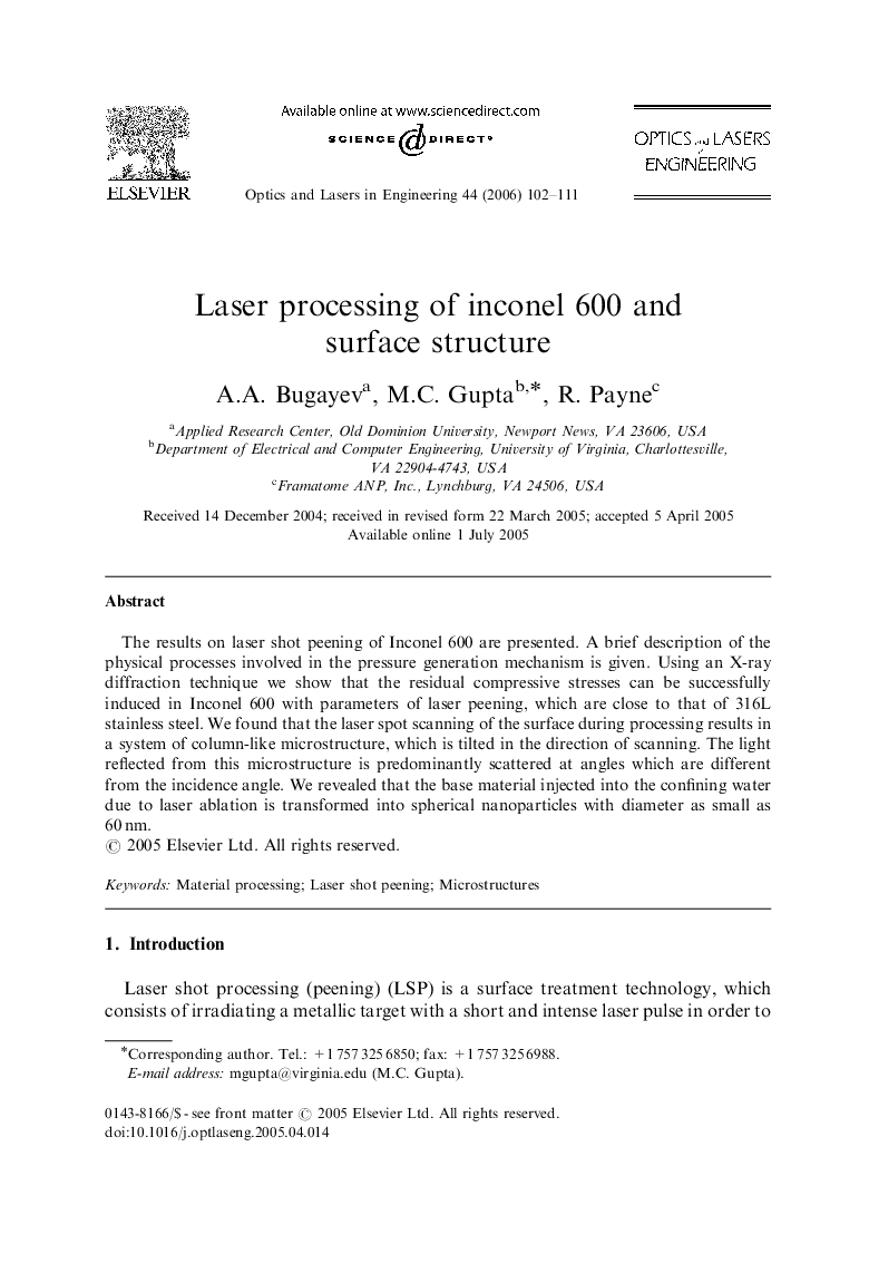 Laser processing of inconel 600 and surface structure