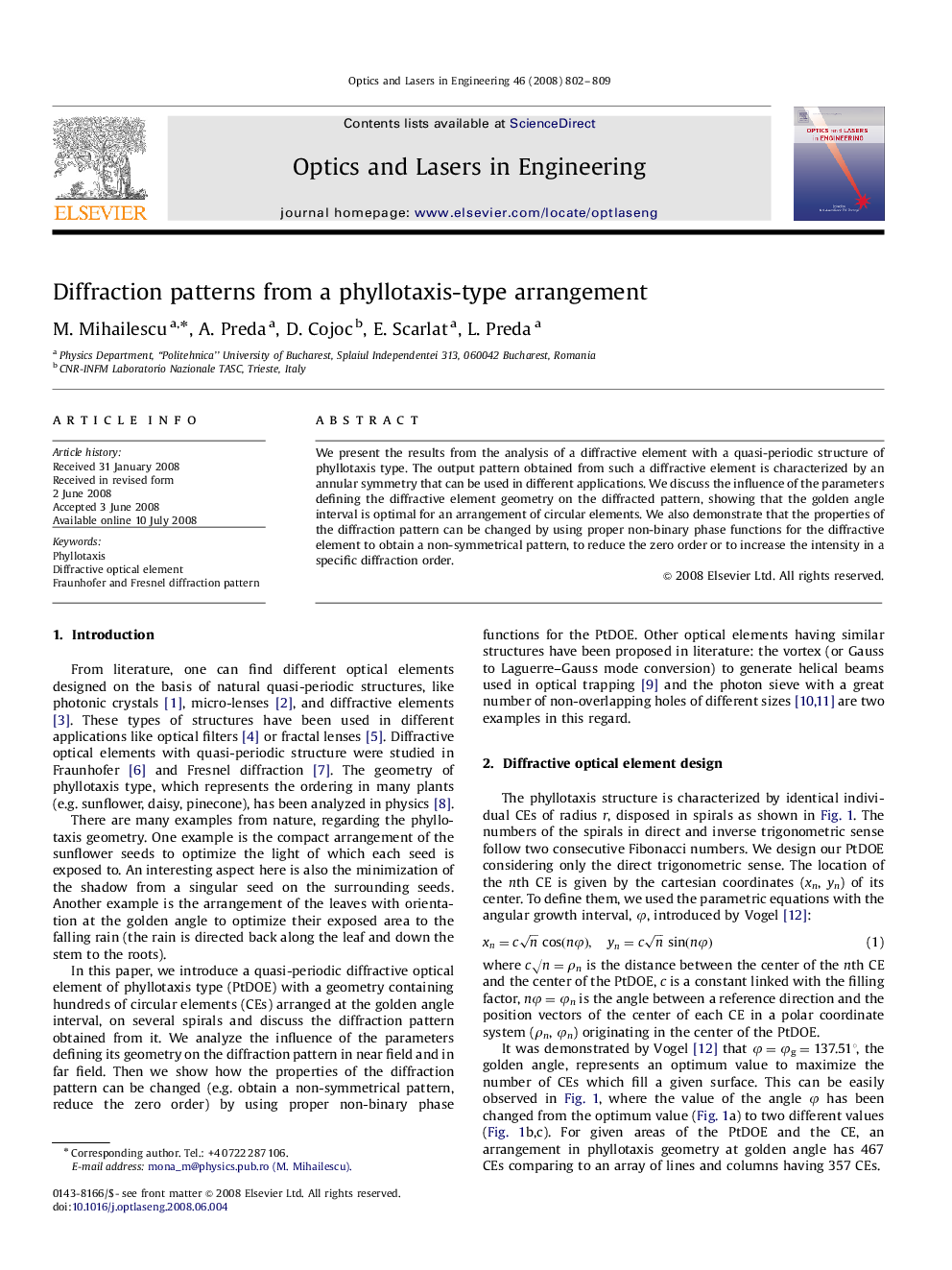 Diffraction patterns from a phyllotaxis-type arrangement