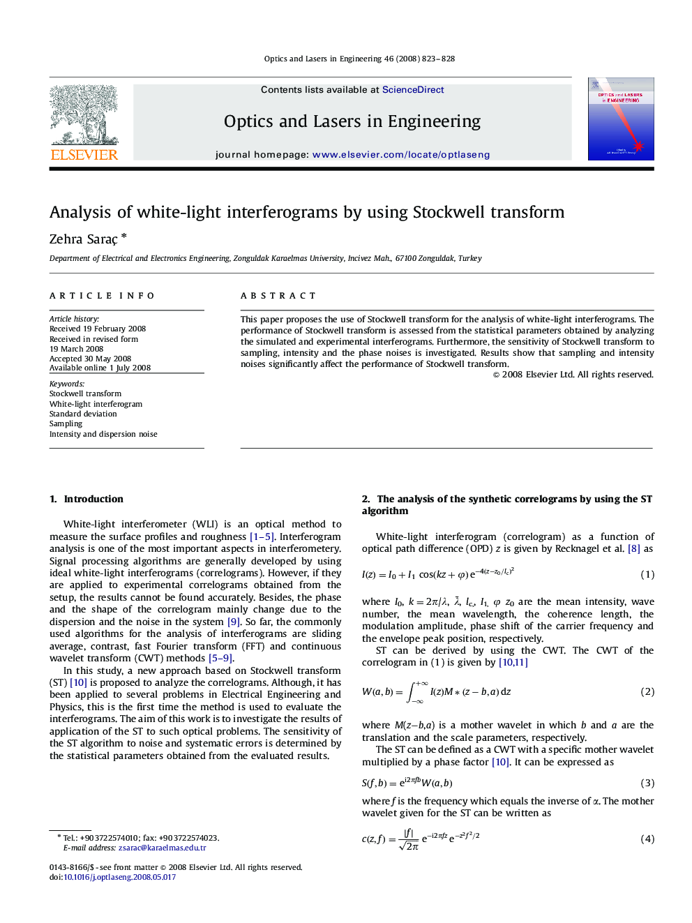 Analysis of white-light interferograms by using Stockwell transform