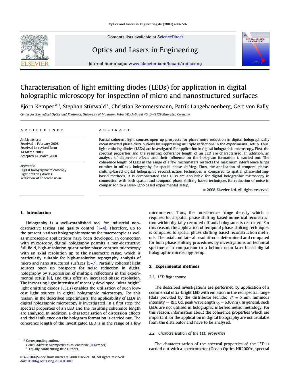 Characterisation of light emitting diodes (LEDs) for application in digital holographic microscopy for inspection of micro and nanostructured surfaces