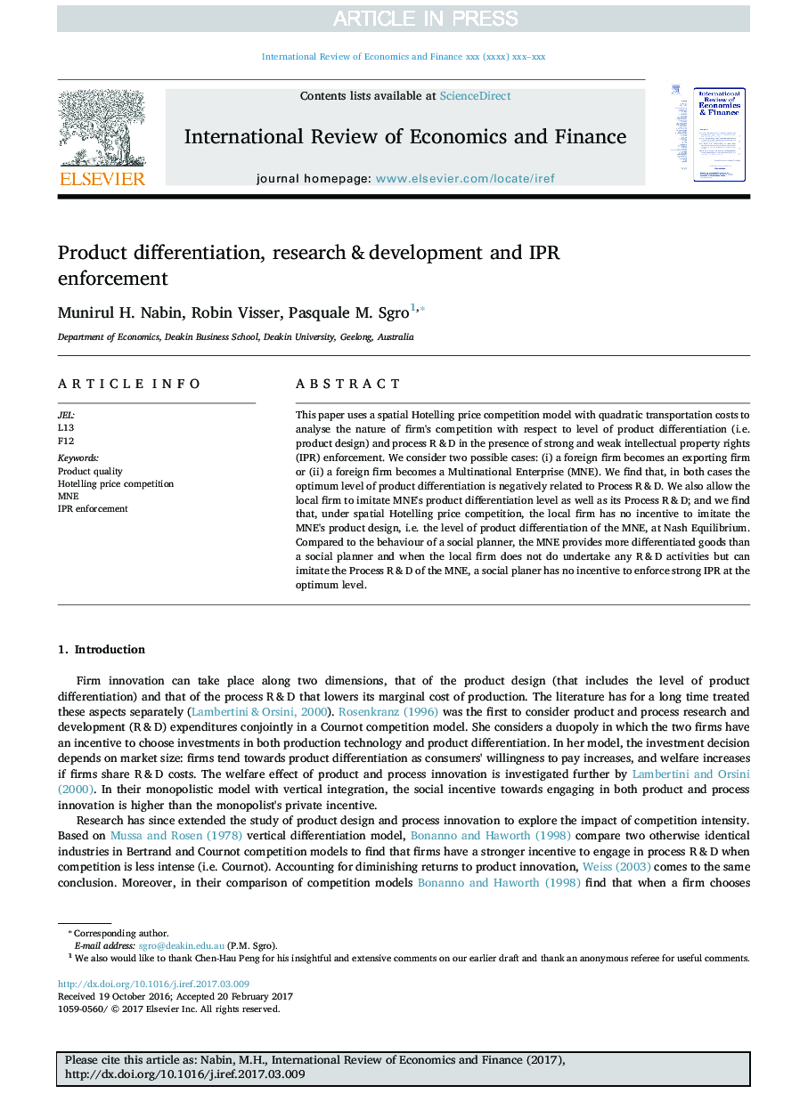 Product differentiation, research & development and IPR enforcement