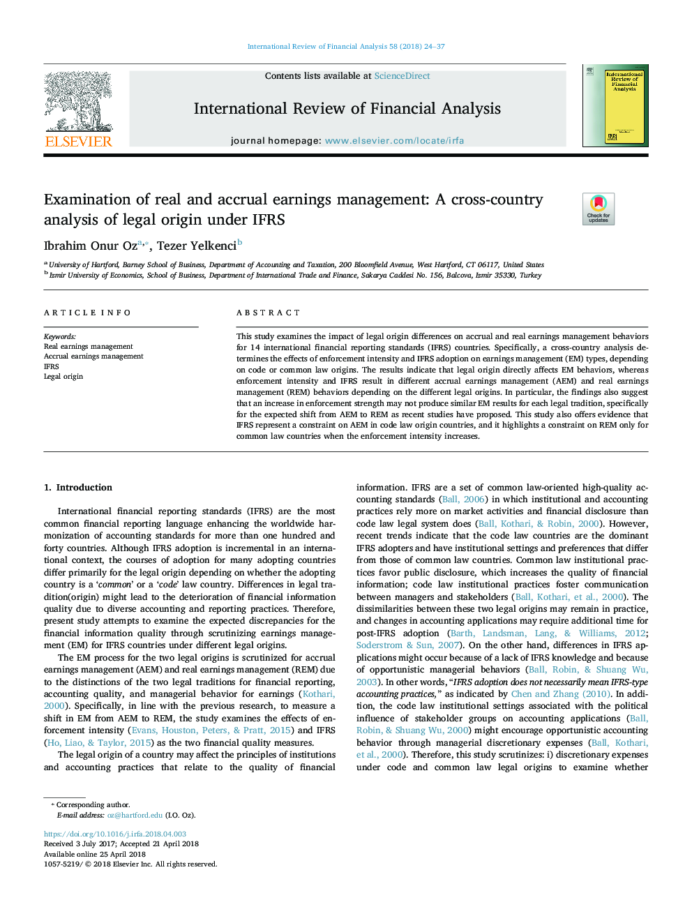 Examination of real and accrual earnings management: A cross-country analysis of legal origin under IFRS