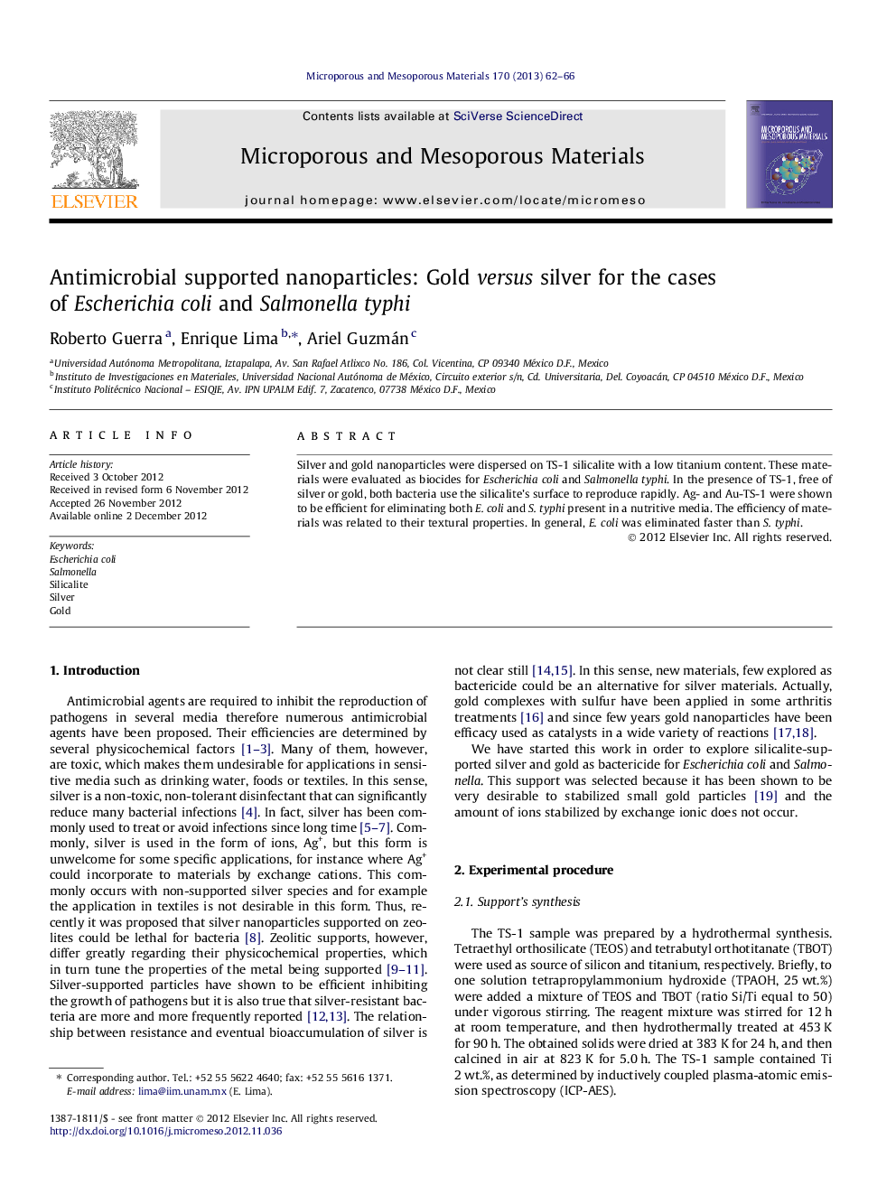 Antimicrobial supported nanoparticles: Gold versus silver for the cases of Escherichia coli and Salmonella typhi