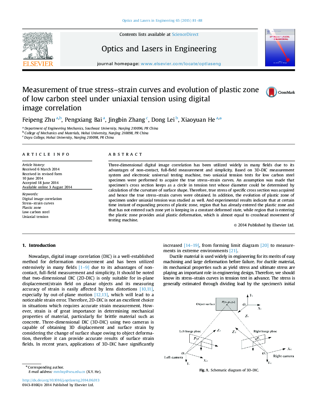 Measurement of true stress–strain curves and evolution of plastic zone of low carbon steel under uniaxial tension using digital image correlation