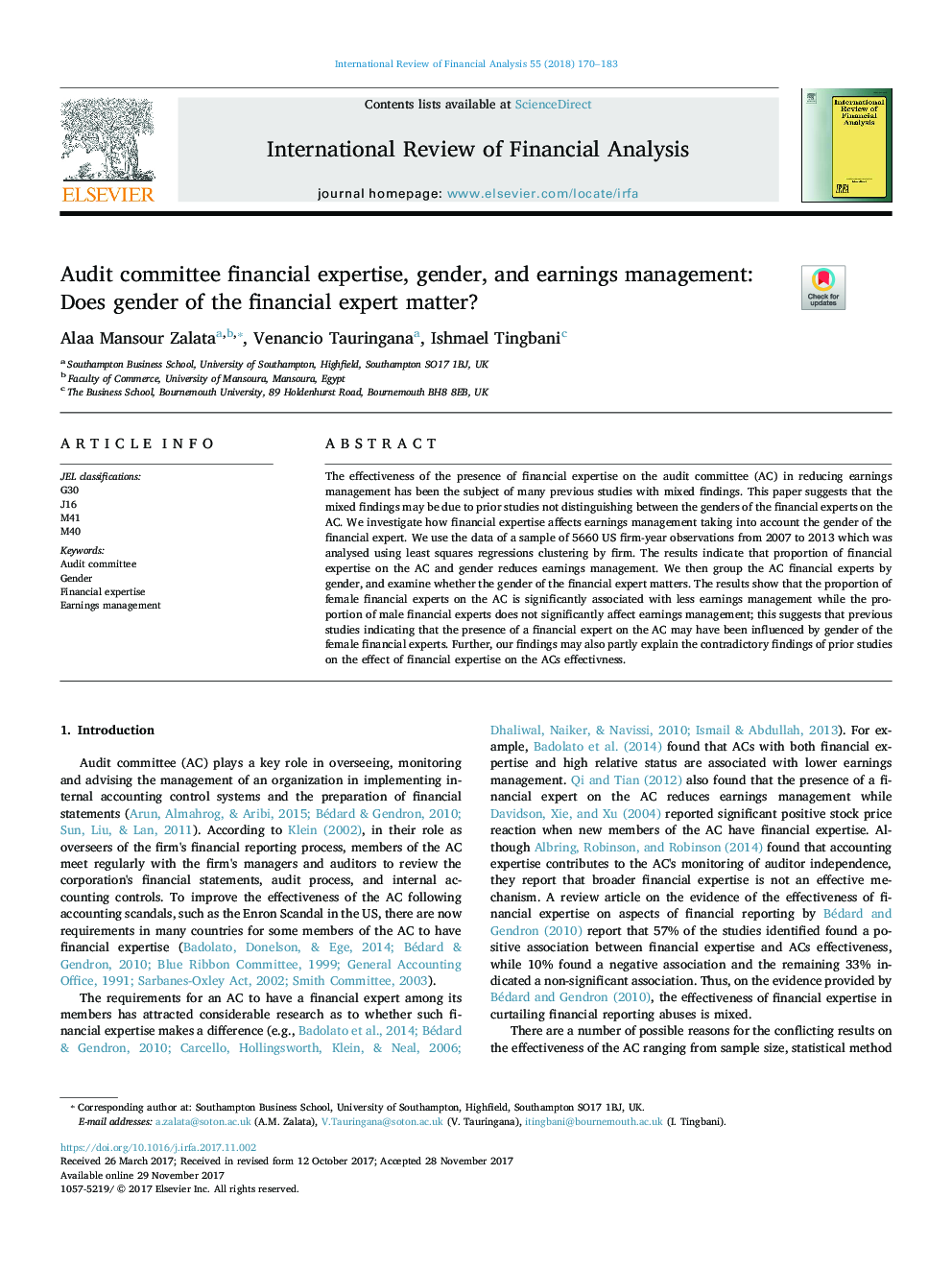 Audit committee financial expertise, gender, and earnings management: Does gender of the financial expert matter?