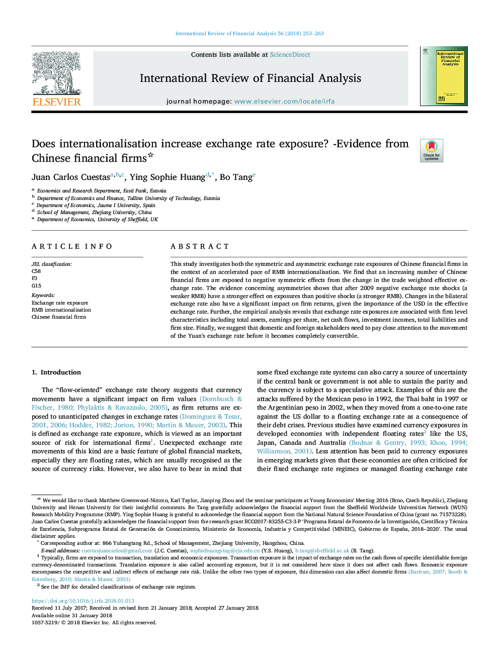 Does internationalisation increase exchange rate exposure? -Evidence from Chinese financial firms