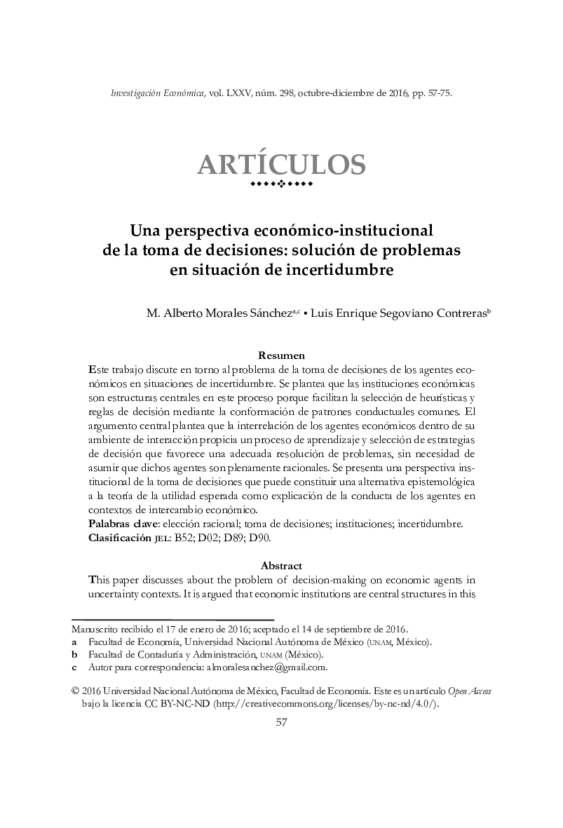 Una perspectiva económico-institucional de la toma de decisiones: solución de problemas en situación de incertidumbre