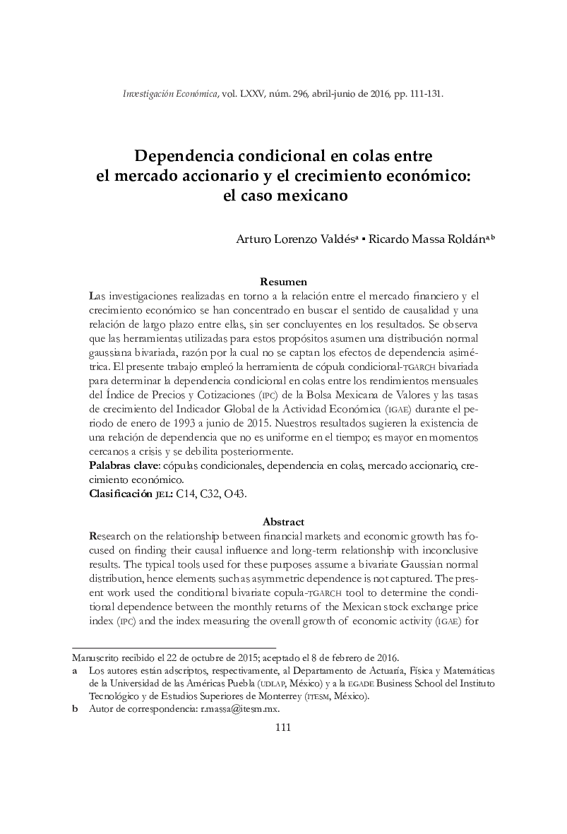 وابستگی مشروط به خطوط بین بازار سهام و رشد اقتصادی: مورد مکزیکی 