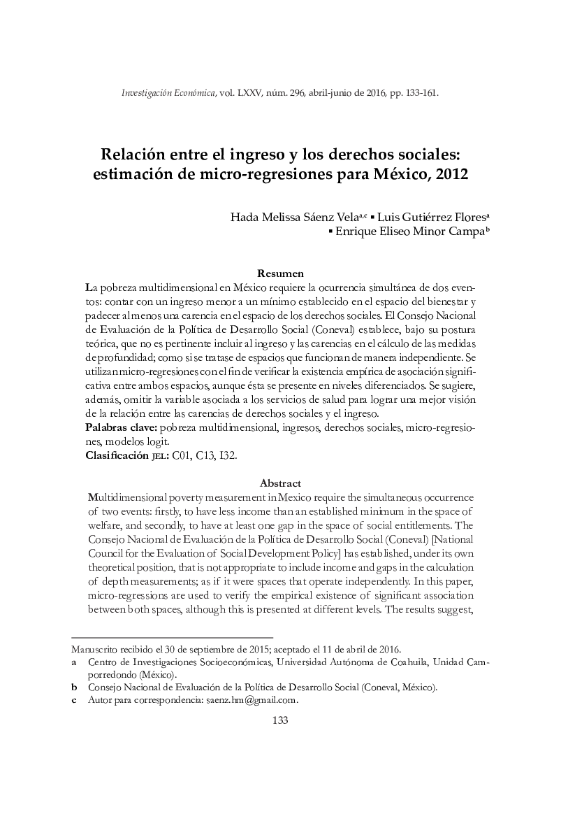 Relación entre el ingreso y los derechos sociales: estimación de micro-regresiones para México, 2012