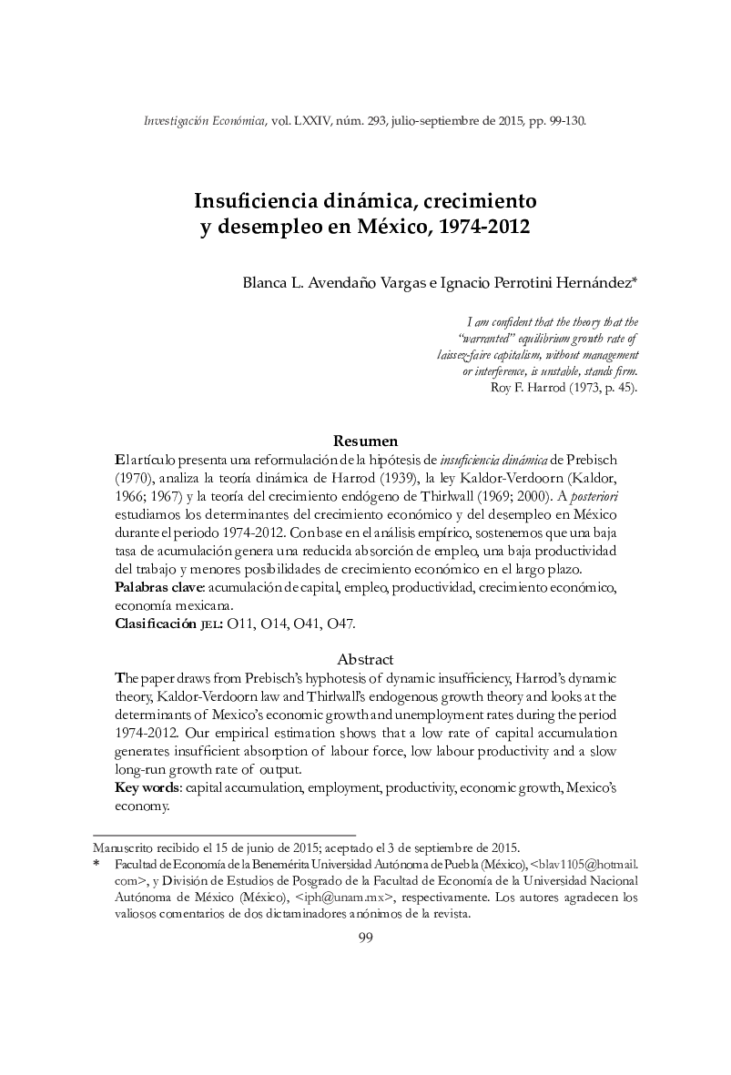 Insuï¬ciencia dinámica, crecimiento y desempleo en México, 1974-2012