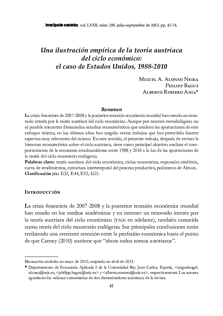 عکس صفحه اول مقاله: Una ilustración empÃrica de la teorÃa austriaca del ciclo económico: el caso de Estados Unidos, 1988-2010 Una ilustración empÃrica de la teorÃa austriaca del ciclo económico: el caso de Estados Unidos, 1988-2010
