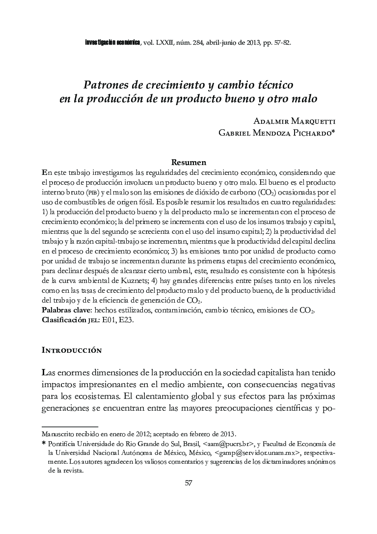 Patrones de crecimiento y cambio técnico en la producción de un producto bueno y otro malo