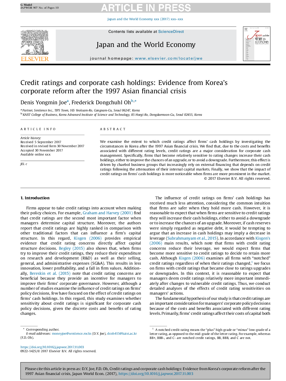 Credit ratings and corporate cash holdings: Evidence from Korea's corporate reform after the 1997 Asian financial crisis