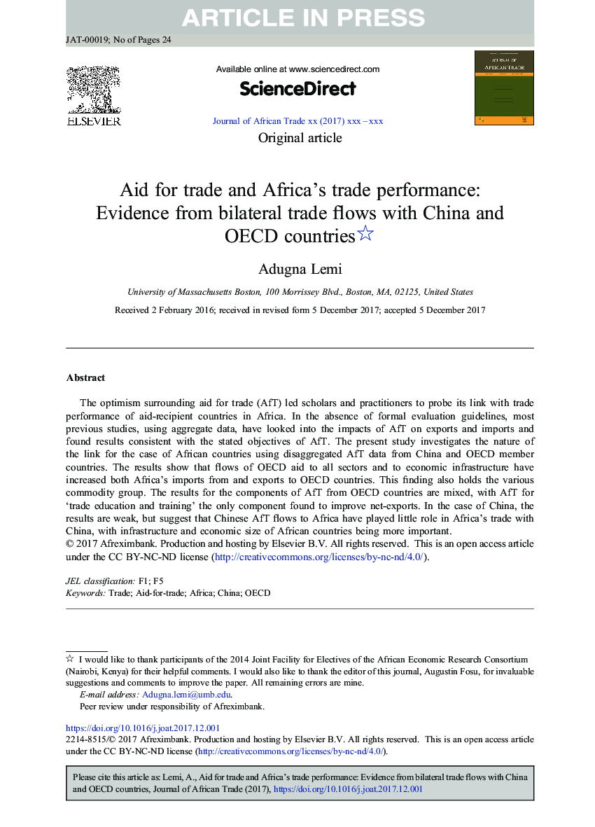 Aid for trade and Africa's trade performance: Evidence from bilateral trade flows with China and OECD countries