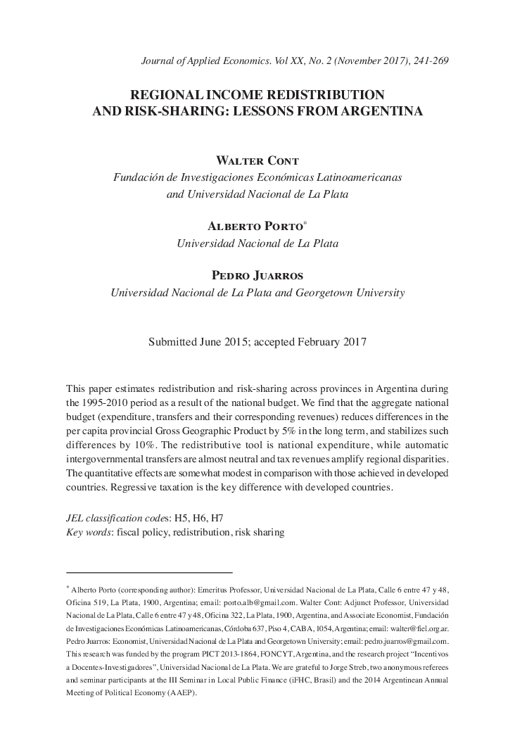 توزیع مجدد درآمد منطقه ای و به اشتراک گذاری خطر: درس های آرژانتین 