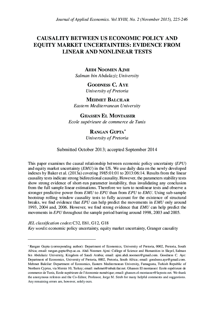 CAUSALITY BETWEEN US ECONOMIC POLICY AND EQUITY MARKET UNCERTAINTIES: EVIDENCE FROM LINEAR AND NONLINEAR TESTS