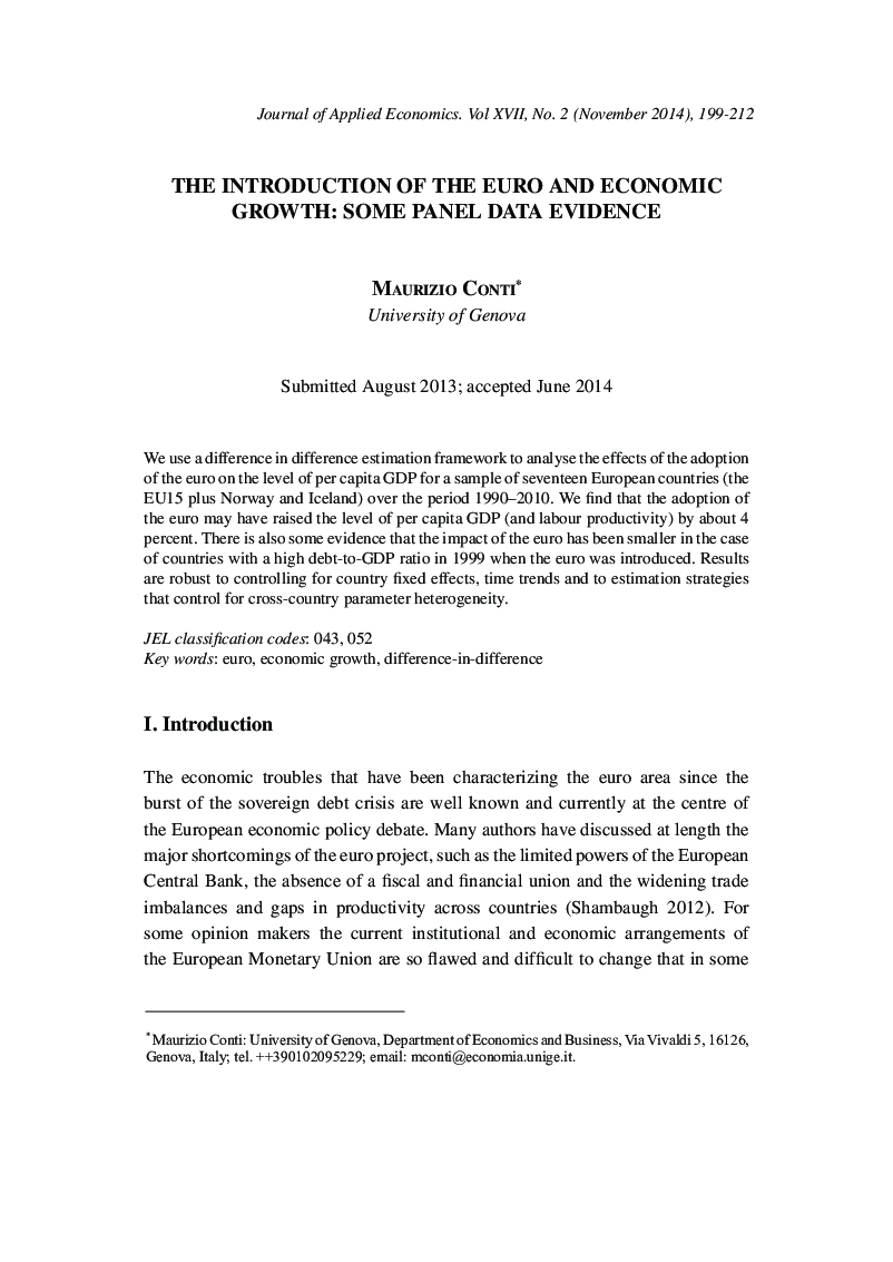 THE INTRODUCTION OF THE EURO AND ECONOMIC GROWTH: SOME PANEL DATA EVIDENCE