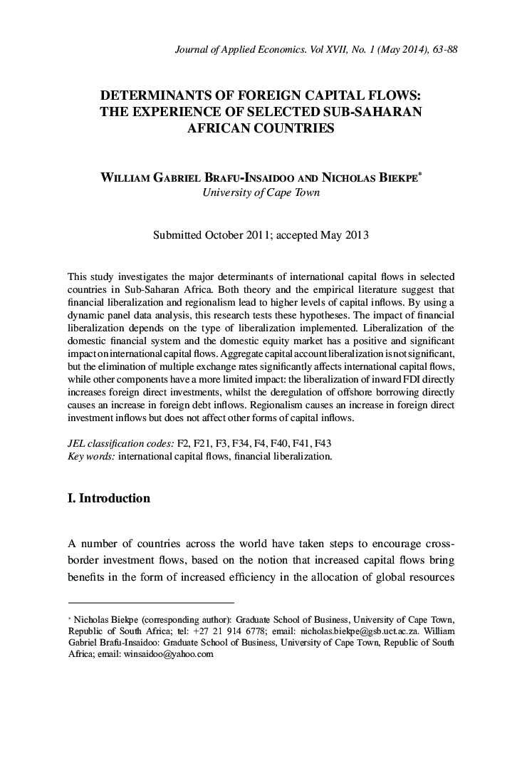 DETERMINANTS OF FOREIGN CAPITAL FLOWS: THE EXPERIENCE OF SELECTED SUB-SAHARAN AFRICAN COUNTRIES